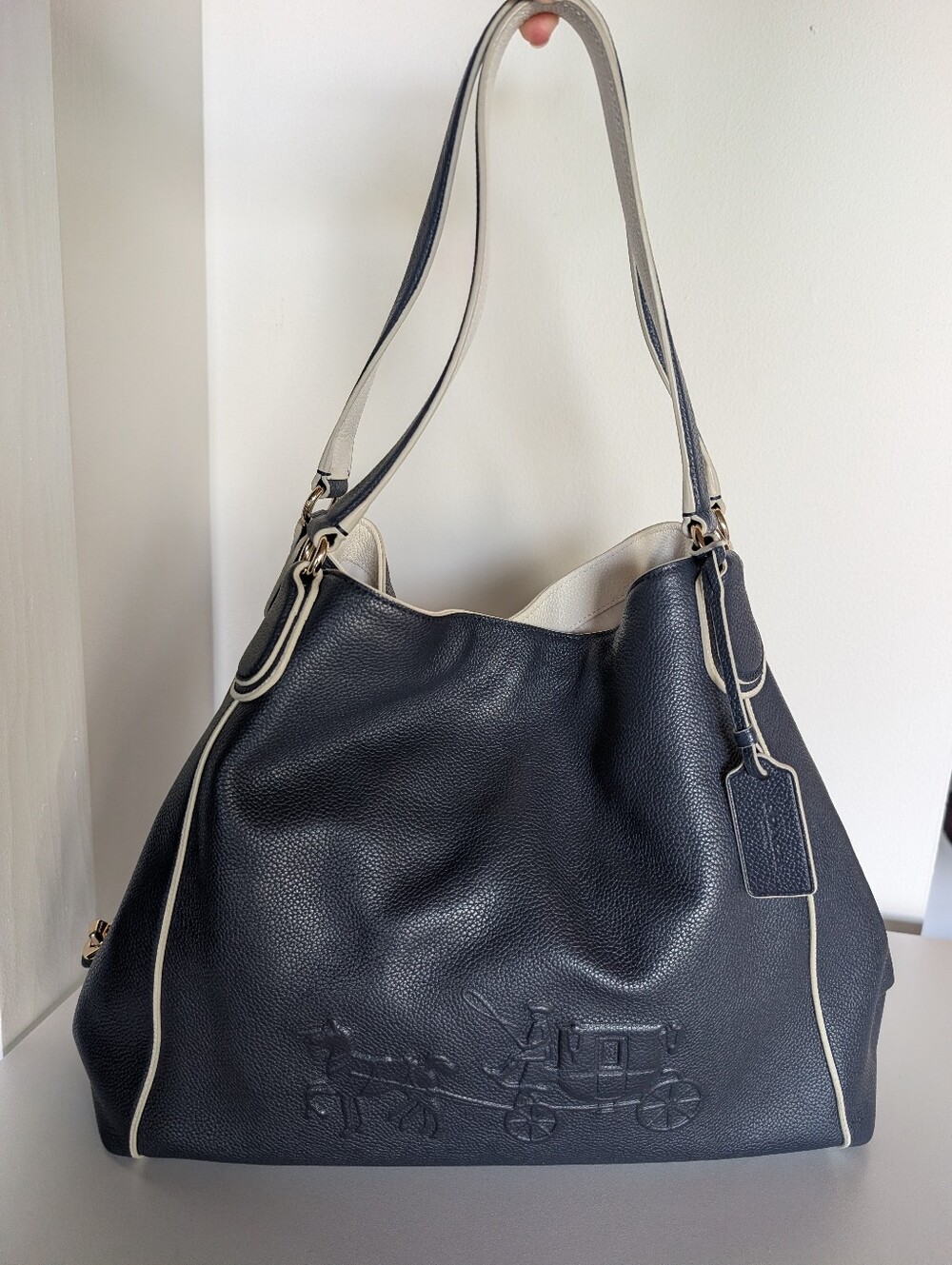 Coach Edie 31 Navy Leather Shoulder Bag White Contrast Trim
